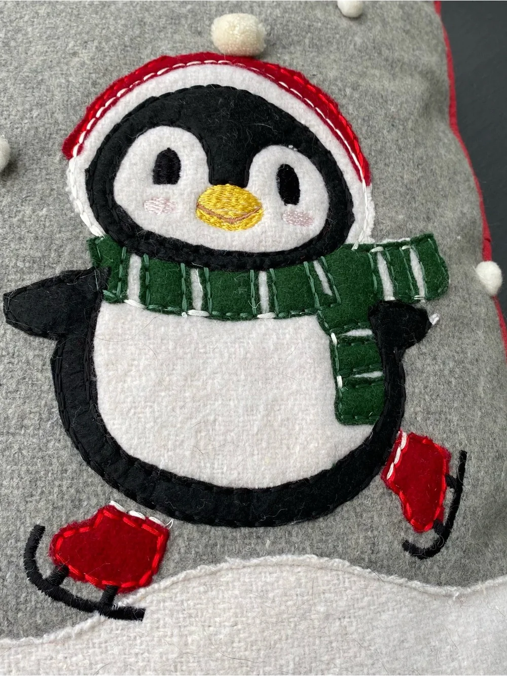 Penguins Skating Holiday Appliqué Pillow Cover, Gray,White,Red,Green 20x20